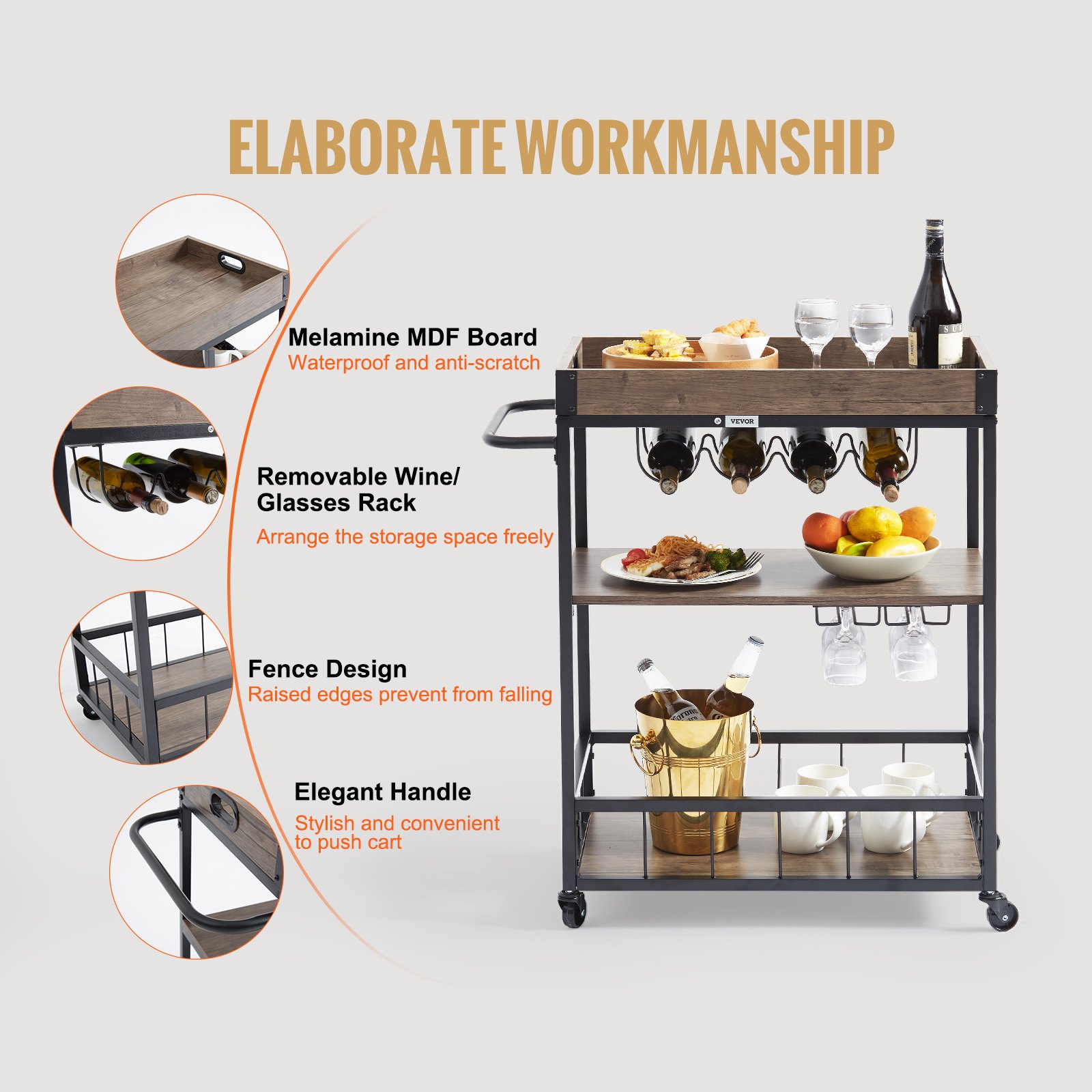 VEVOR Carrito de bar, carrito de servir para el hogar, 3 niveles de 110 libras con ruedas con cerradura, carrito móvil de bebidas con alcohol con bandeja extraíble, soporte de vidrio para cocina, come