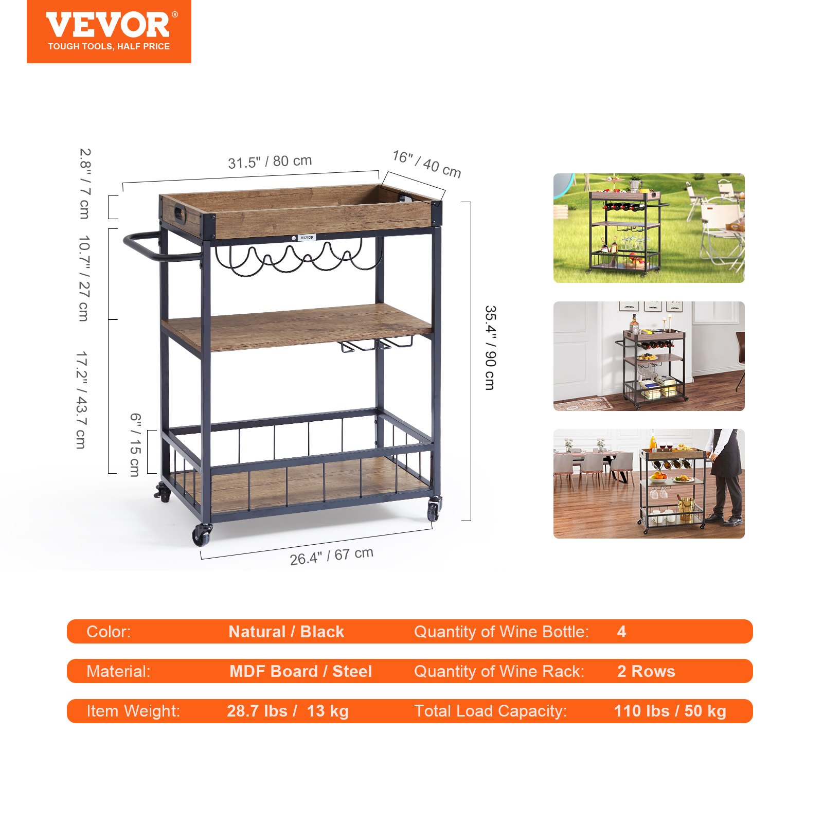 VEVOR Carrito de bar, carrito de servir para el hogar, 3 niveles de 110 libras con ruedas con cerradura, carrito móvil de bebidas con alcohol con bandeja extraíble, soporte de vidrio para cocina, come
