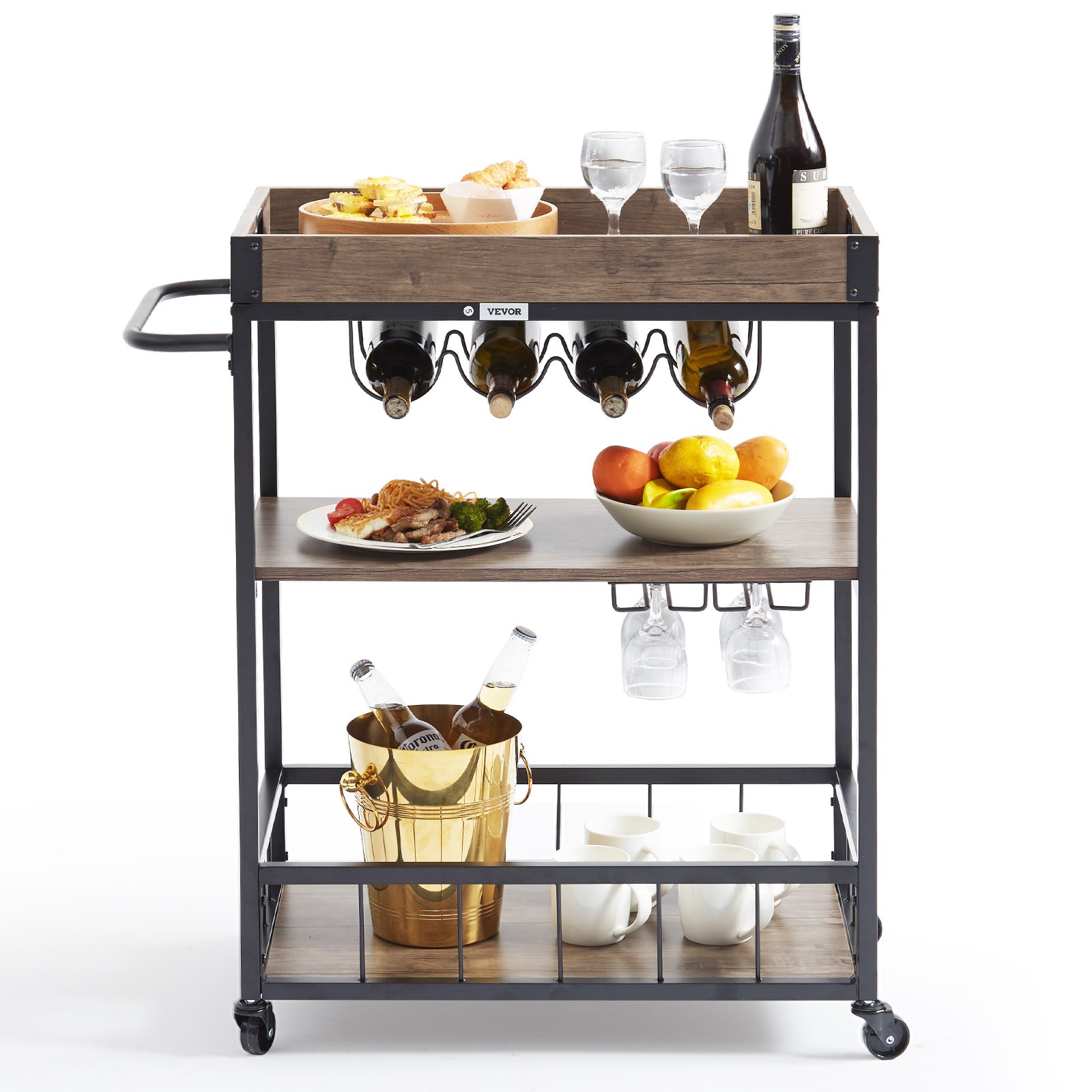 VEVOR Carrito de bar, carrito de servir para el hogar, 3 niveles de 110 libras con ruedas con cerradura, carrito móvil de bebidas con alcohol con bandeja extraíble, soporte de vidrio para cocina, come