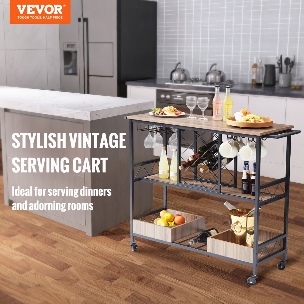 Carrito de bar VEVOR en cocina moderna con bebidas, vasos y bocadillos sobre encimera de madera.