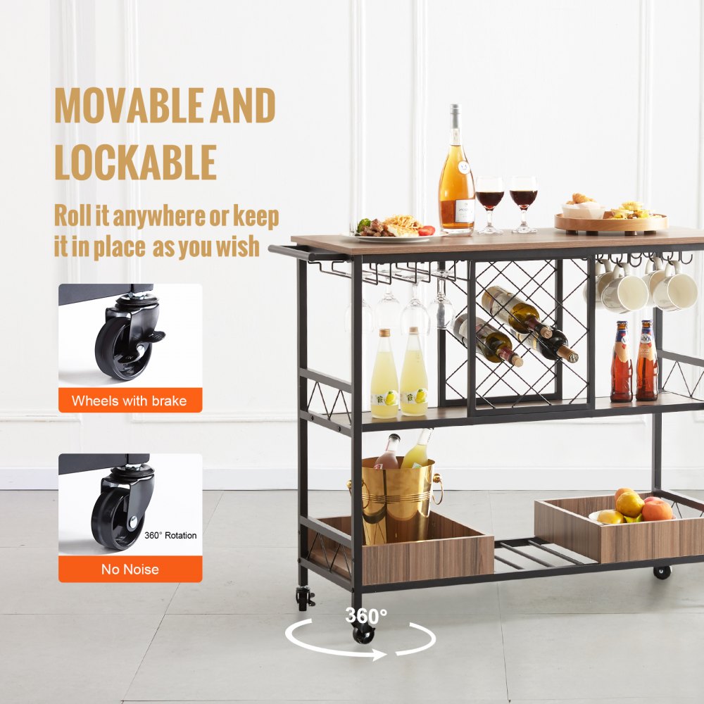 Carrito de bar VEVOR con ruedas, bloqueable, rotación de 360 grados y almacenamiento para bebidas y vasos.