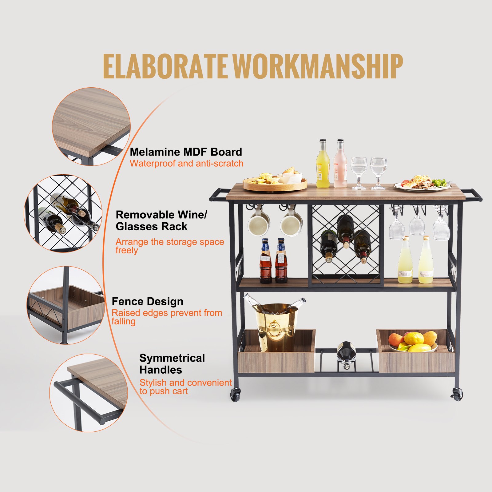 Carrito de bar VEVOR con tablero MDF de melamina, estante para vinos/copas extraíble, diseño de cerca y manijas simétricas.