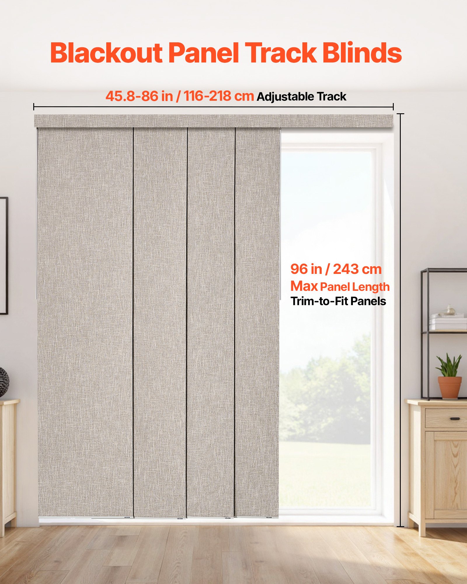 VEVOR Persianas de Panel Extensibles Ancho de 116-218 cm Paneles Recortables Alto de 243 cm Opacas Verticales para Puertas Correderas, Puertas de Patio, Separadores de Ambientes, Ventanas, Marrón