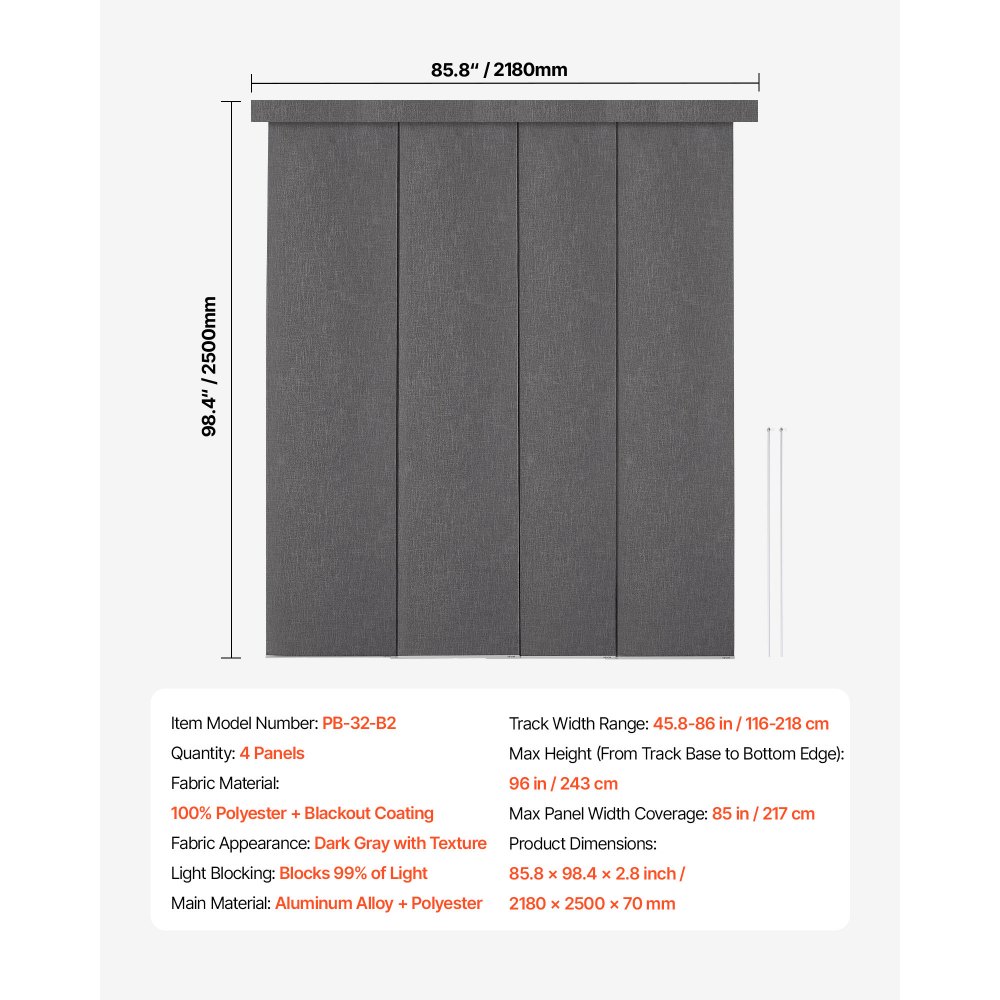 VEVOR Persianas de Panel Extensibles Ancho de 116-218 cm Paneles Recortables Alto de 243 cm Opacas Verticales para Puerta Corredera, Puerta de Patio, Separadores de Ambientes, Ventana, Gris Oscuro