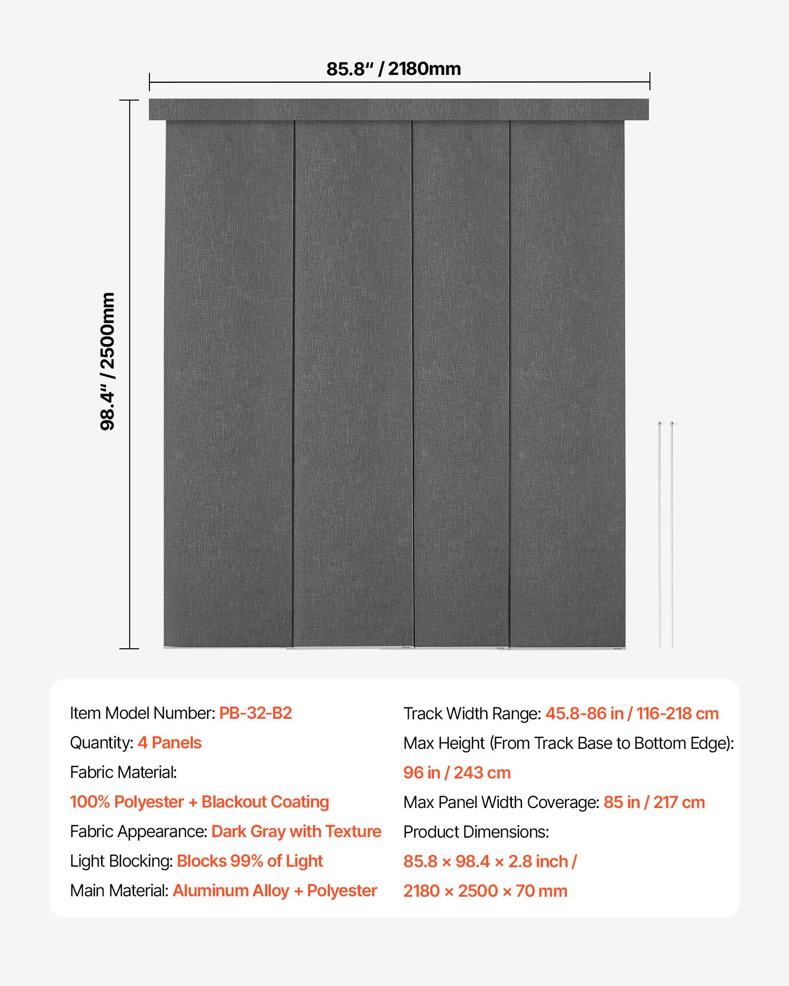 VEVOR Persianas de Panel Extensibles Ancho de 116-218 cm Paneles Recortables Alto de 243 cm Opacas Verticales para Puerta Corredera, Puerta de Patio, Separadores de Ambientes, Ventana, Gris Oscuro