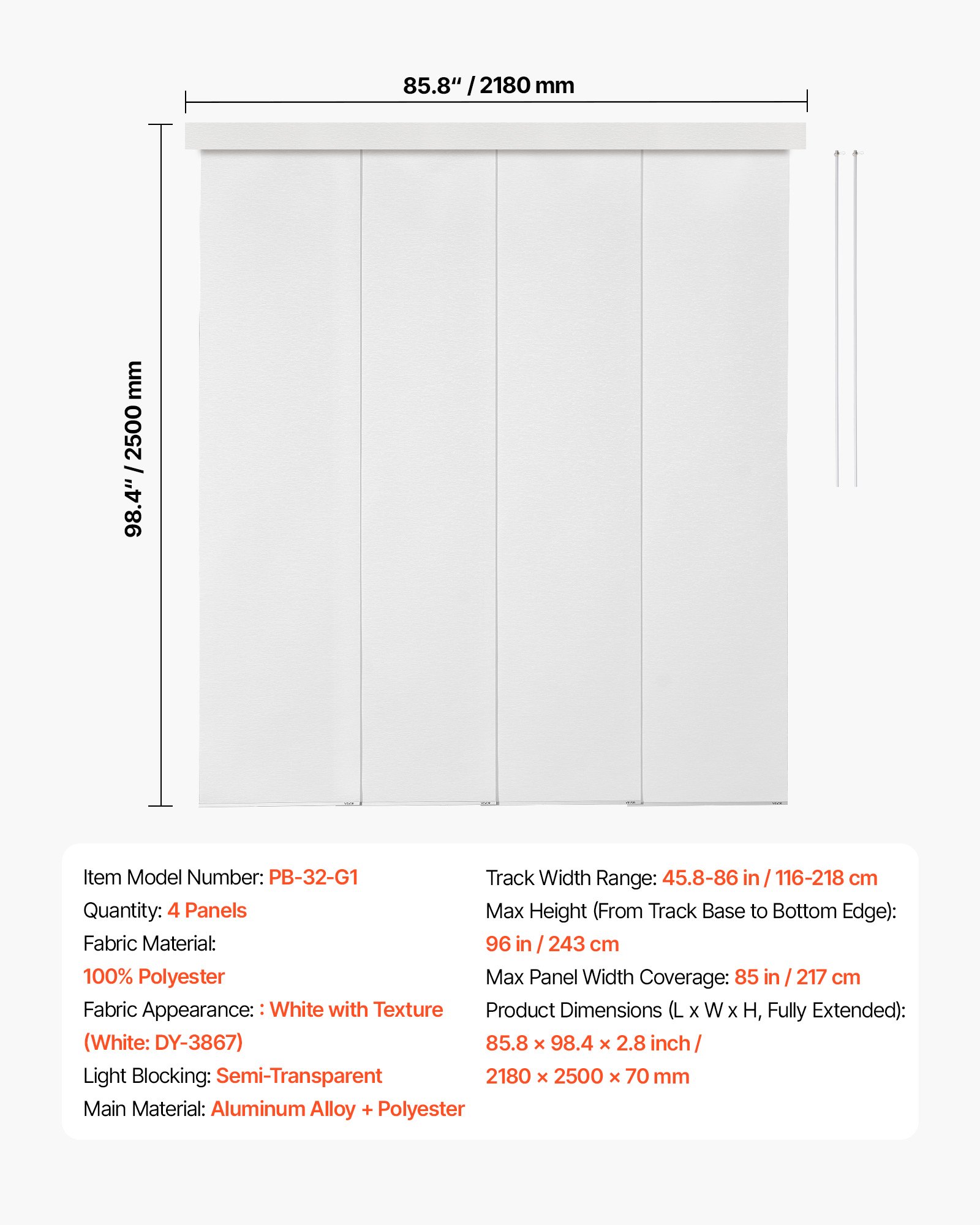 VEVOR Persianas de Panel Riel Extensible Ancho de 116-218 cm Paneles Recortables Alto de 243 cm Verticales para Puertas Correderas, Puertas de Patio, Separadores de Ambientes, Ventanas, Blanco