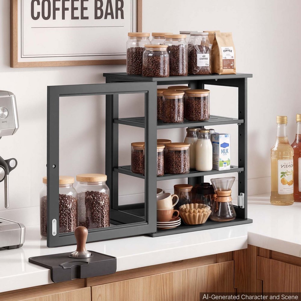 VEVOR Panera Caja para Pan, 330 x 251 x 410 mm, de Madera de Bambú, para Bagels y Muffins, con Cierre Magnético, Ventana de Acrílico y Ganchos Laterales, para Cocinas, Comedores y Cafeterías, Negro