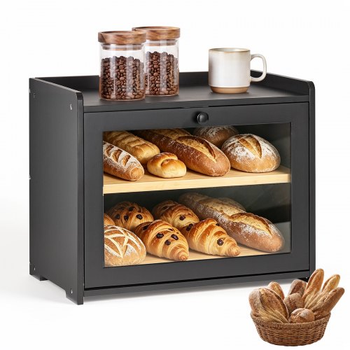 VEVOR Panera Caja para Pan, 393 x 262 x 321 mm, de Madera de Bambú, de 2 Niveles, con Cierre Magnético, Ventana de Acrílico y Orificios de Ventilación, para Cocinas, Comedores y Cafeterías, Negro