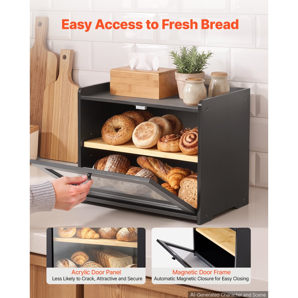 VEVOR Panera Caja para Pan, 393 x 262 x 321 mm, de Madera de Bambú, de 2 Niveles, con Cierre Magnético, Ventana de Acrílico y Orificios de Ventilación, para Cocinas, Comedores y Cafeterías, Negro