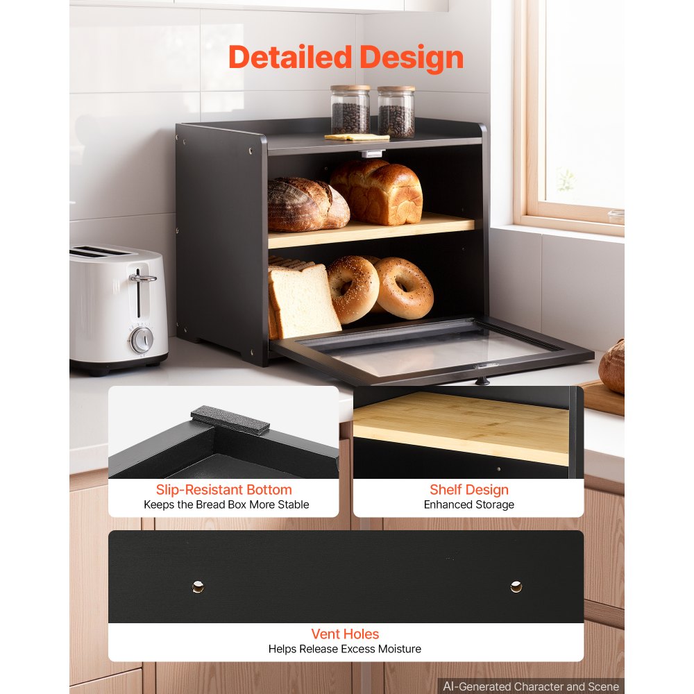 VEVOR Panera Caja para Pan, 393 x 262 x 321 mm, de Madera de Bambú, de 2 Niveles, con Cierre Magnético, Ventana de Acrílico y Orificios de Ventilación, para Cocinas, Comedores y Cafeterías, Negro