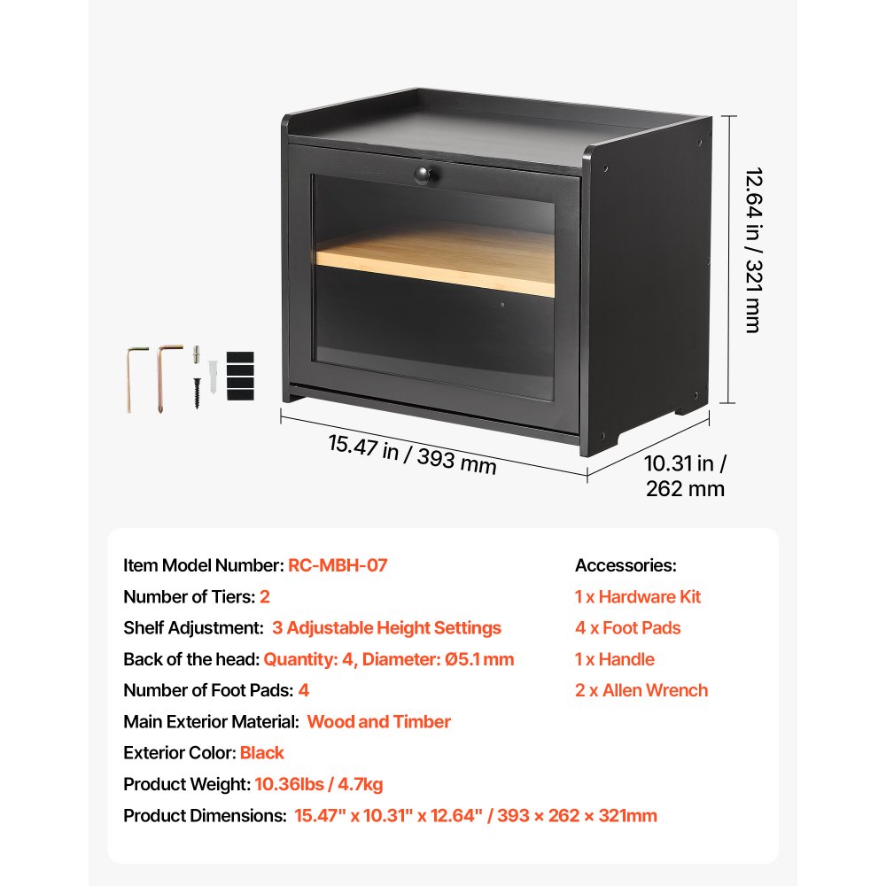 VEVOR Panera Caja para Pan, 393 x 262 x 321 mm, de Madera de Bambú, de 2 Niveles, con Cierre Magnético, Ventana de Acrílico y Orificios de Ventilación, para Cocinas, Comedores y Cafeterías, Negro