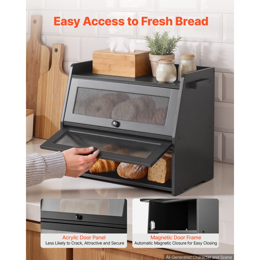 VEVOR Panera Caja para Pan, 464 x 251 x 361 mm, de Madera de Bambú, con Cierre Magnético, Ventana de Acrílico, Ganchos Laterales y Orificios de Ventilación, para Cocinas, Comedores y Cafeterías, Negro