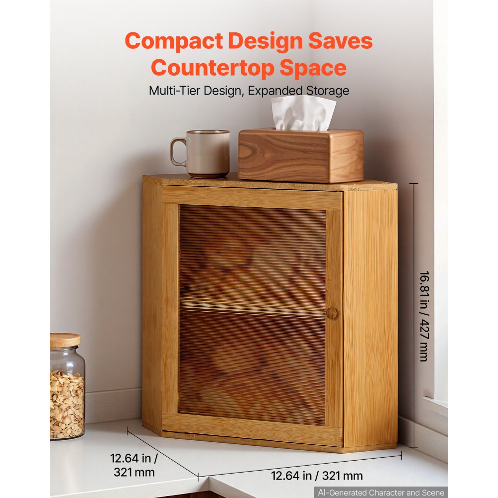 VEVOR Panera de Esquina 321x321x427 mm, Caja para Pan de Madera de Bambú, 2 Niveles, con Cierre Magnético, Puerta con Ventana Acrílica y Orificios de Ventilación, para Cocinas, Comedores y Cafeterías