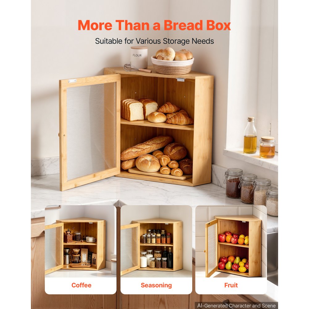 VEVOR Panera de Esquina 321x321x427 mm, Caja para Pan de Madera de Bambú, 2 Niveles, con Cierre Magnético, Puerta con Ventana Acrílica y Orificios de Ventilación, para Cocinas, Comedores y Cafeterías