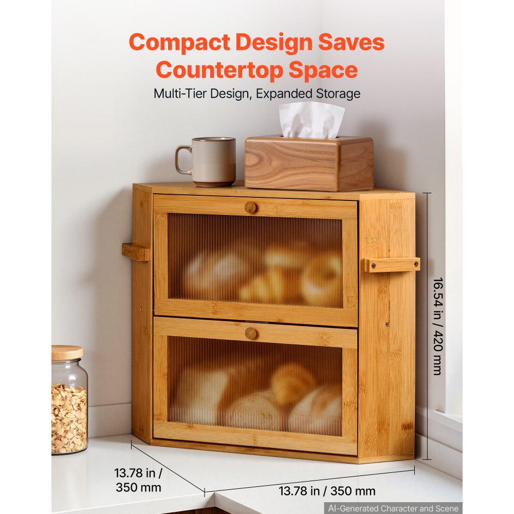 VEVOR Panera de Esquina 350 x 350 x 420 mm Caja para Pan de Madera de Bambú, con Cierre Magnético, Ventana Acrílica, Ganchos Laterales y Orificios de Ventilación, para Cocinas, Comedores, Cafeterías