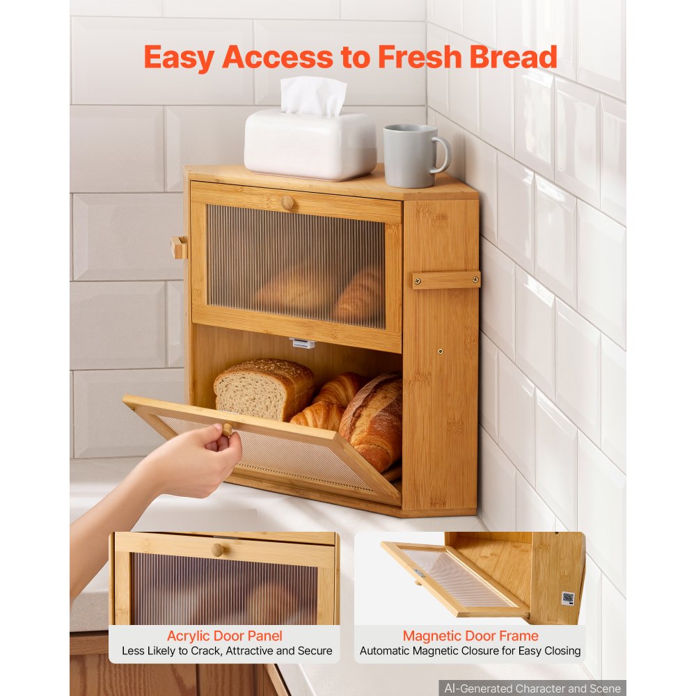 VEVOR Panera de Esquina 350 x 350 x 420 mm Caja para Pan de Madera de Bambú, con Cierre Magnético, Ventana Acrílica, Ganchos Laterales y Orificios de Ventilación, para Cocinas, Comedores, Cafeterías