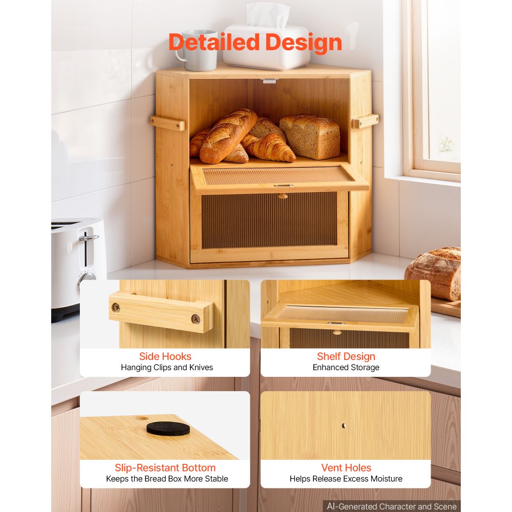 VEVOR Panera de Esquina 350 x 350 x 420 mm Caja para Pan de Madera de Bambú, con Cierre Magnético, Ventana Acrílica, Ganchos Laterales y Orificios de Ventilación, para Cocinas, Comedores, Cafeterías