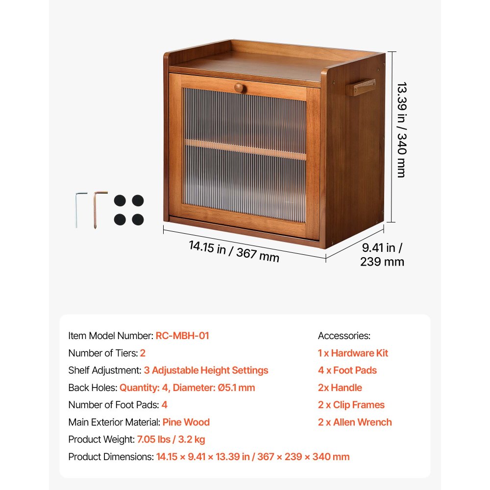 VEVOR Panera Caja para Pan, 367 x 239 x 340 mm, de Madera de Pino, 2 Niveles, con Ganchos Laterales, Ventana de Acrílico y Orificios de Ventilación, para Cocinas, Comedores, Cafeterías, Marrón