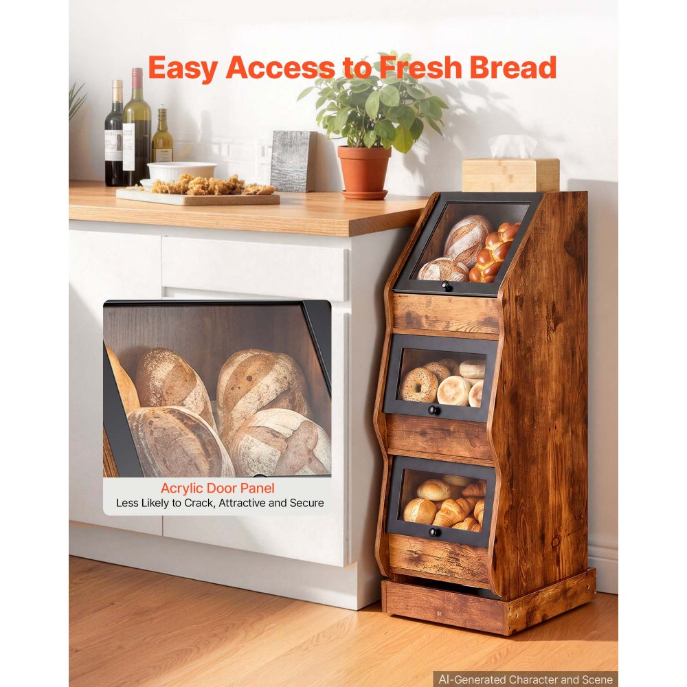VEVOR Panera de 3 Niveles con 4 Ruedas y Ventana de Acrílico 395 x 335 x 935 mm, Material de MDF, con Puertas Correderas con Bisagras y Tiradores, para Cocinas, Comedores y Cafetería, Marrón