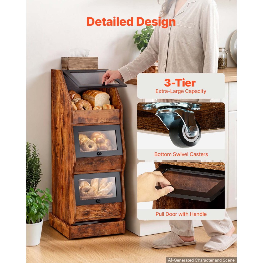 VEVOR Panera de 3 Niveles con 4 Ruedas y Ventana de Acrílico 395 x 335 x 935 mm, Material de MDF, con Puertas Correderas con Bisagras y Tiradores, para Cocinas, Comedores y Cafetería, Marrón