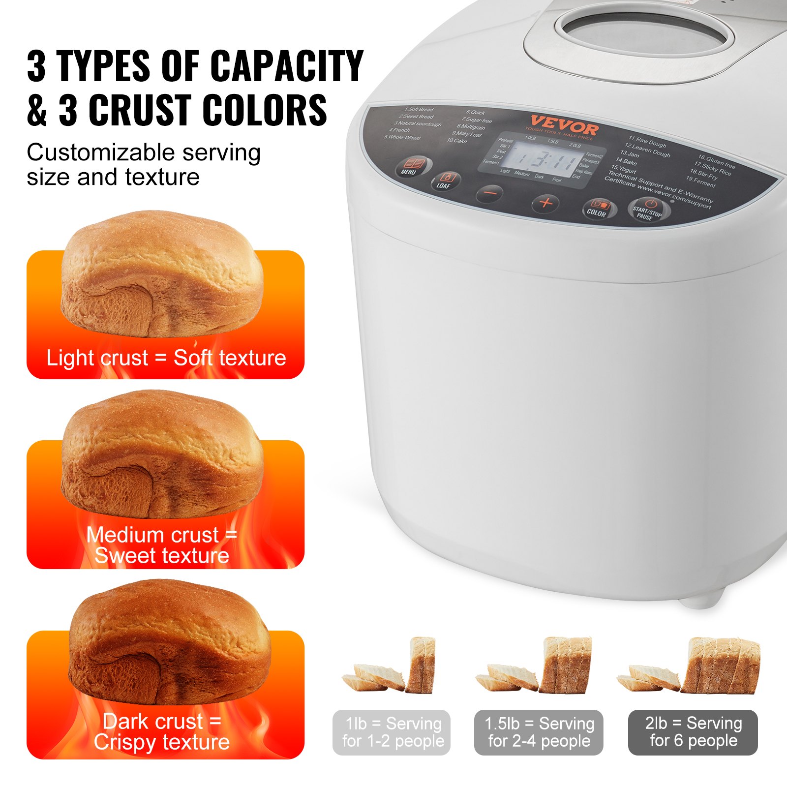 VEVOR 2LB 19 en 1 Máquina para hacer pan Máquina para masa compacta automática Antiadherente Blanco