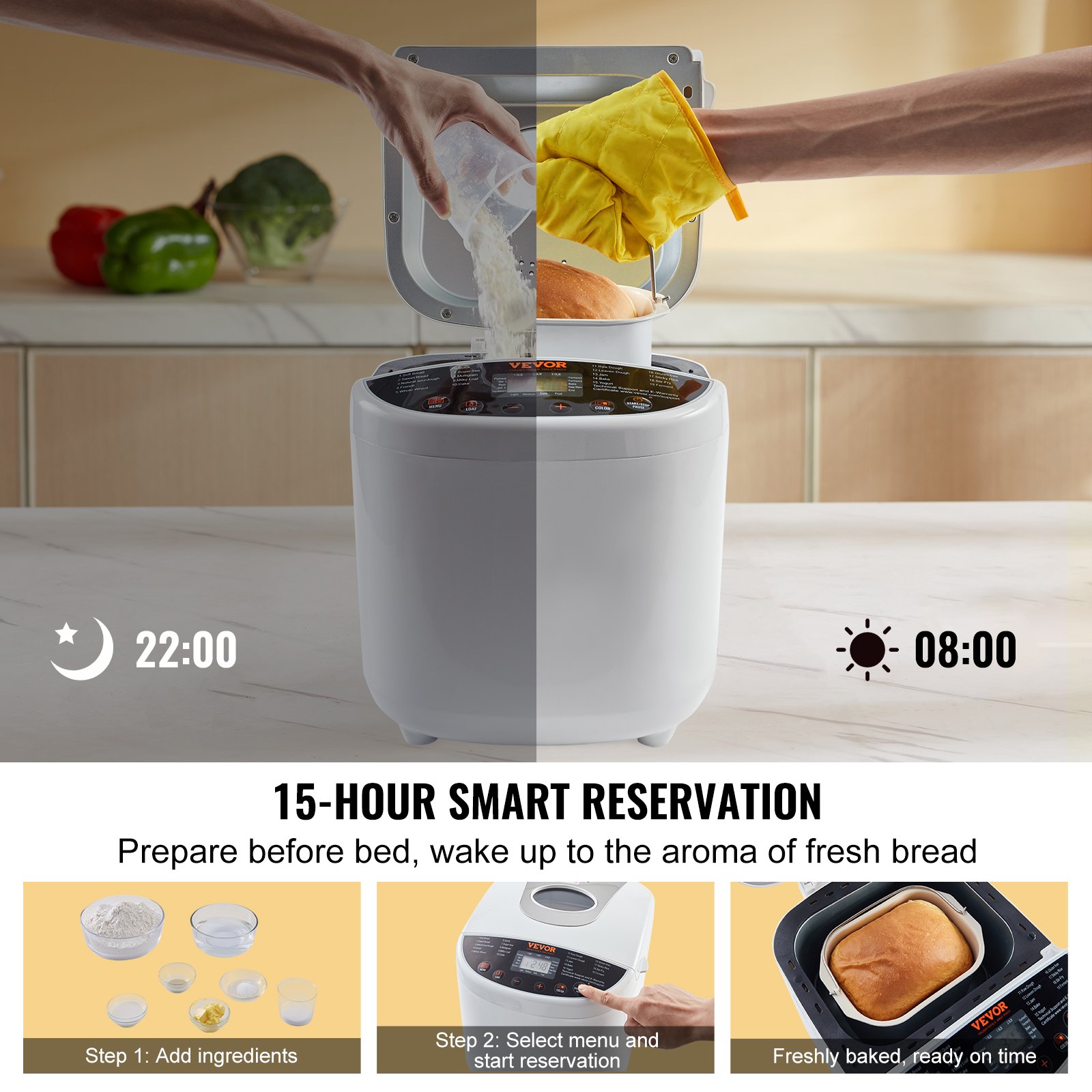 VEVOR 2LB 19 en 1 Máquina para hacer pan Máquina para masa compacta automática Antiadherente Blanco