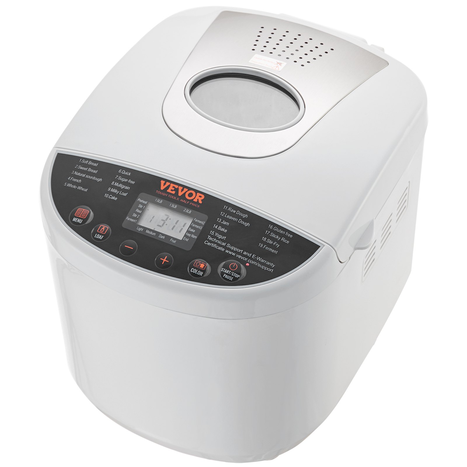 VEVOR 2LB 19 en 1 Máquina para hacer pan Máquina para masa compacta automática Antiadherente Blanco