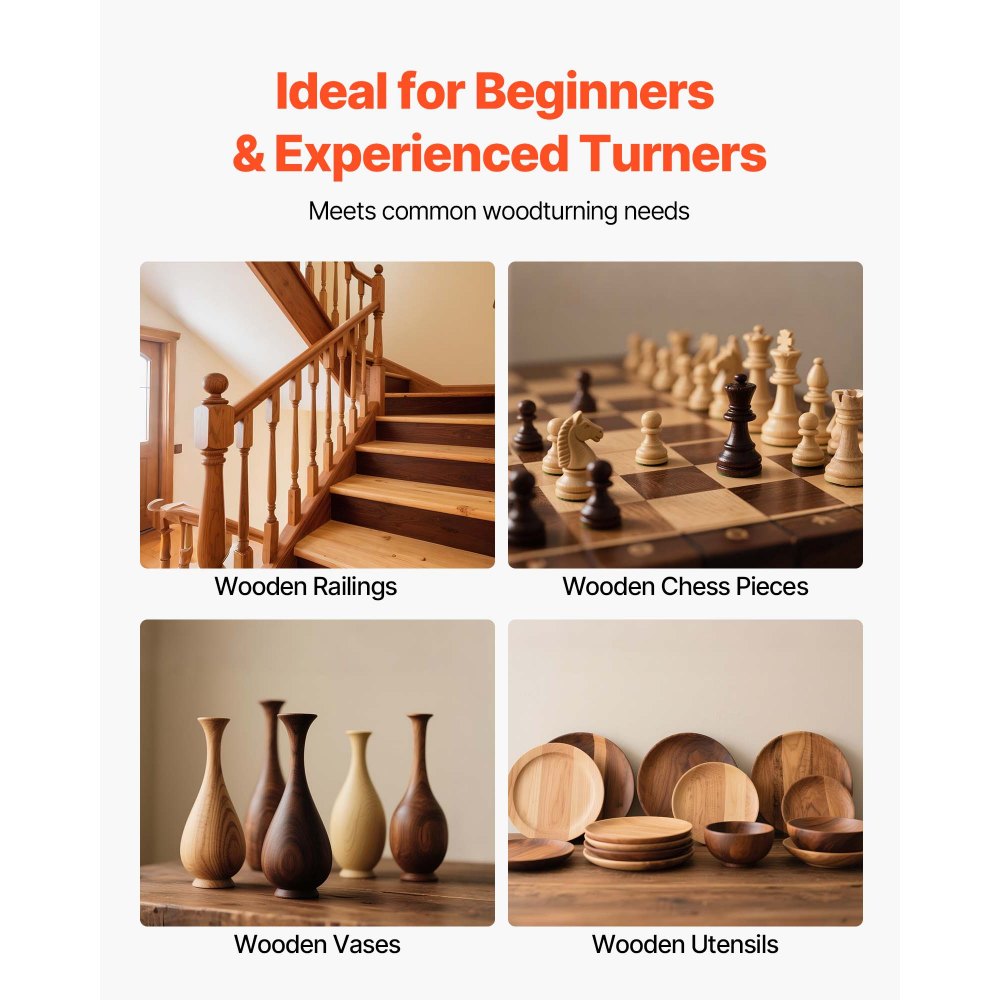 VEVOR 6 PCS Juego de Herramientas de Torneado para Madera Herramienta Hueca para Desbaste, Acabado y Detalle con Mango de Madera, Insertos de Carburo Redondos y Cuadrados de Diamante, Caja de Madera