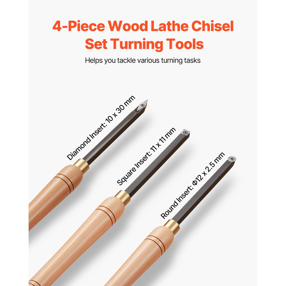 VEVOR 4 PCS Juego de Herramientas de Torneado para Madera Herramienta Hueca para Desbaste, Acabado y Detalle con Mango de Madera, Insertos de Carburo Redondos y Cuadrados de Diamante, Caja de Madera