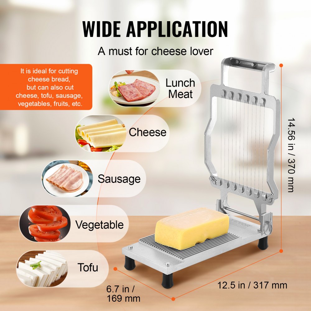 Cortador de queso VEVOR con alambre, cuchilla para cortar mantequilla y queso de 0,39" y 0,78", alambre para cortar queso desmontable, cortador de queso comercial de aleación de aluminio con alambre de acero inoxidable 316, para cocina
