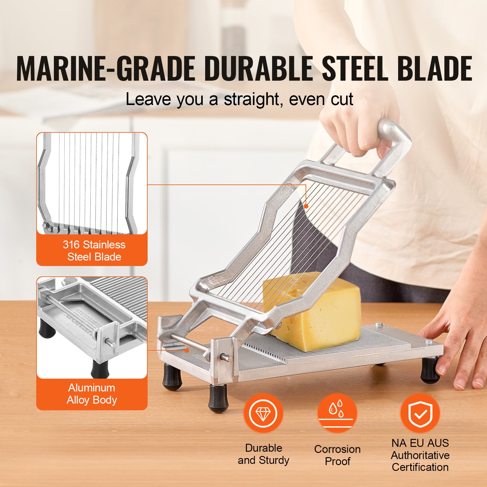 Cortador de queso VEVOR con alambre, cuchilla para cortar mantequilla y queso de 0,39" y 0,78", alambre para cortar queso desmontable, cortador de queso comercial de aleación de aluminio con alambre de acero inoxidable 316, para cocina