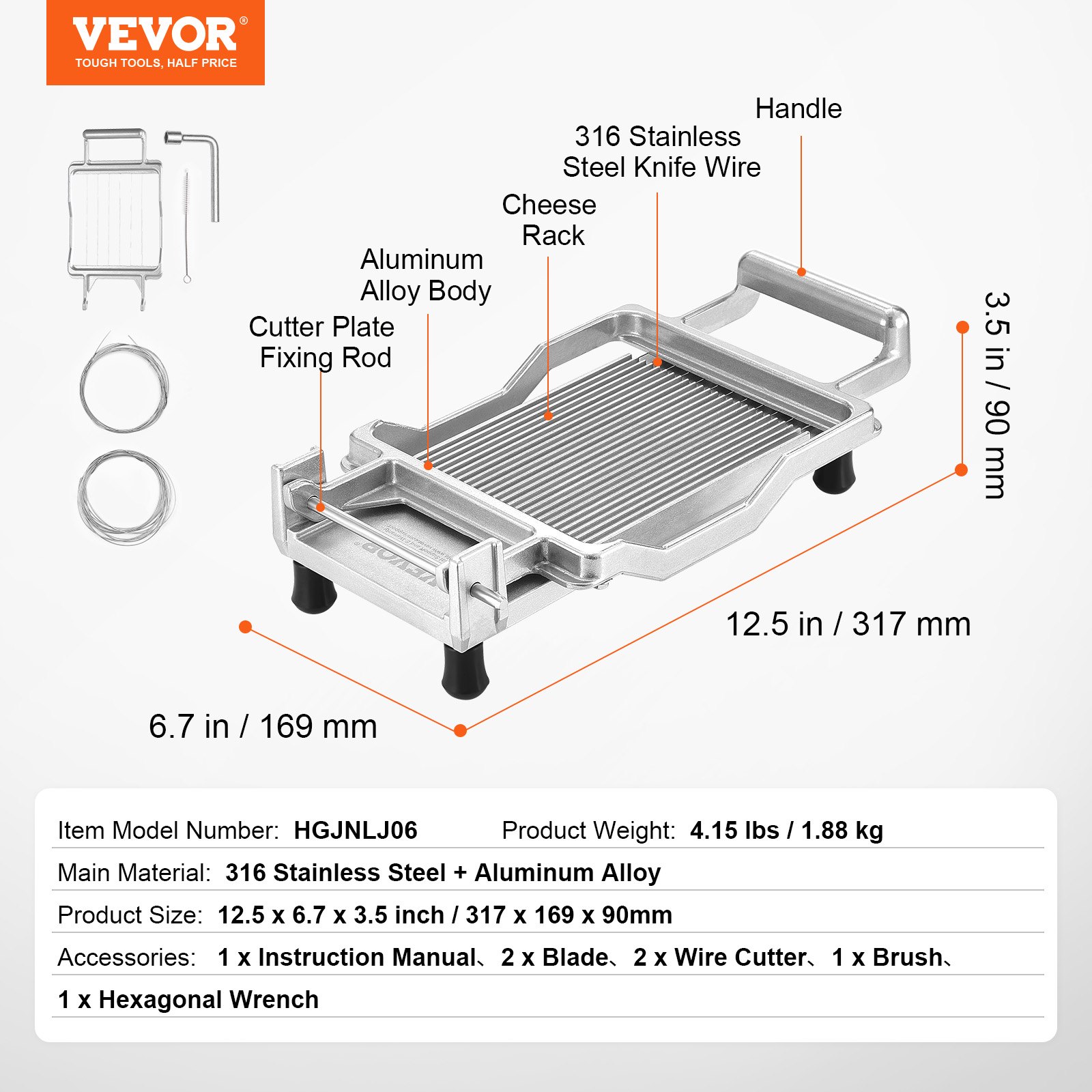 Cortador de queso VEVOR con alambre, cuchilla para cortar mantequilla y queso de 0,39" y 0,78", alambre para cortar queso desmontable, cortador de queso comercial de aleación de aluminio con alambre de acero inoxidable 316, para cocina