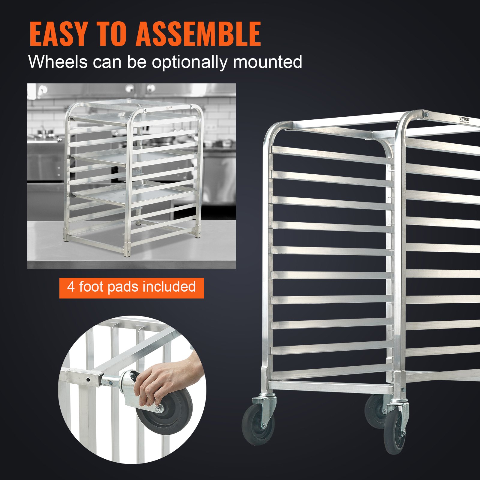 VEVOR Bread Roll Rack, Commercial Bakery Stand with Braked Wheels, 10-Tier, Aluminum Racking Cart Storage, Bread Baking, Load Capacity 240 kg, 660 x 515 x 985 mm, for Bakeries and Snack Bars