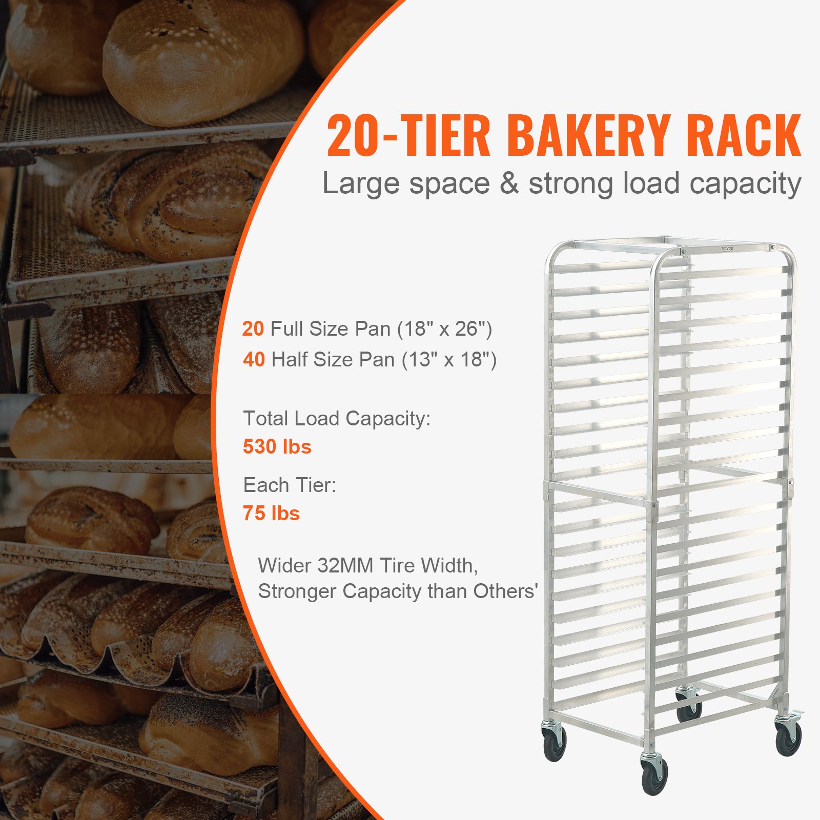 VEVOR Carrito comercial con bandeja para pan estantes de aluminio para panadería