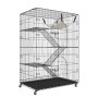 Catio VEVOR con múltiples estantes, rampas y una hamaca colgante, colocada sobre una base con ruedas.