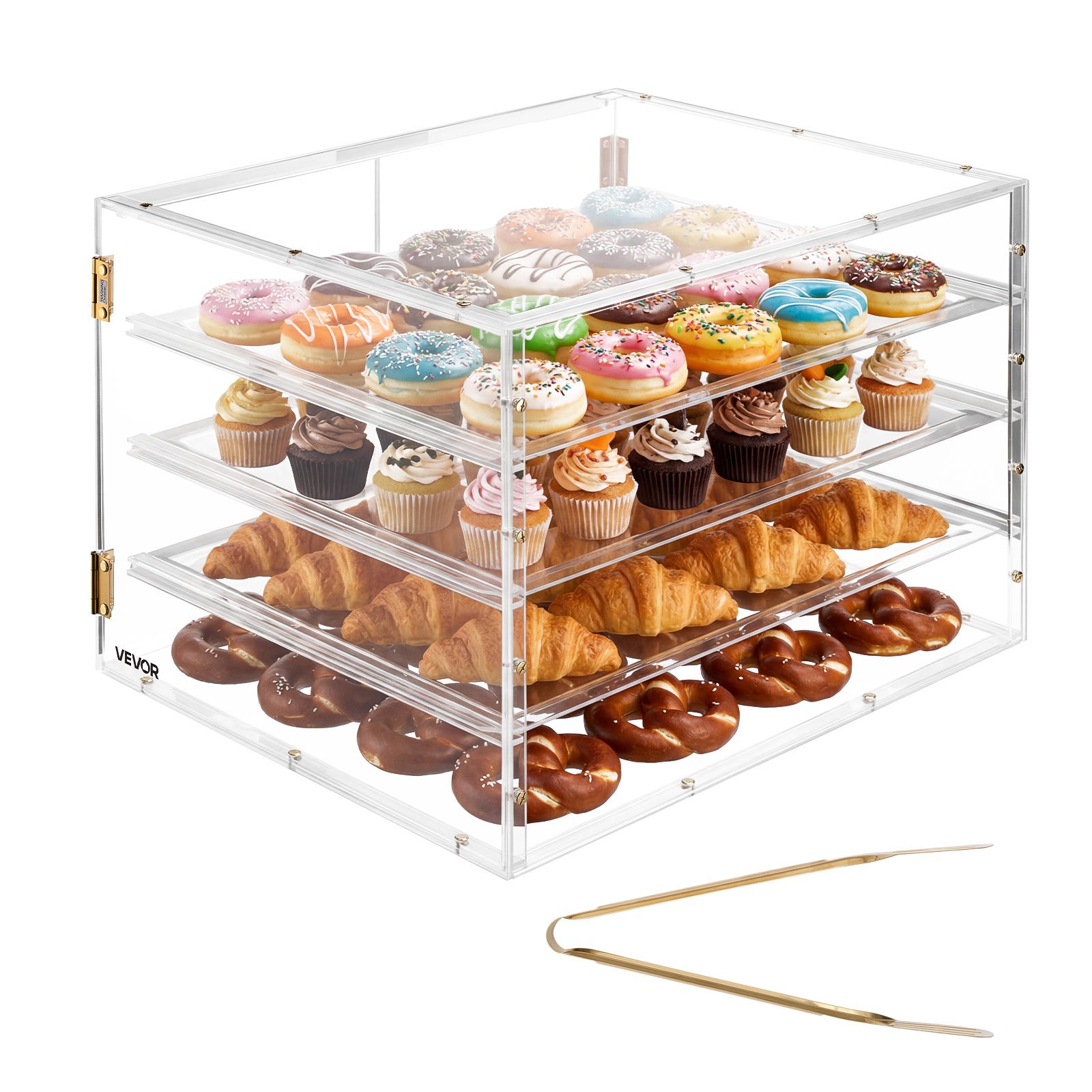 VEVOR Vitrina de Exhibición de Panadería 4 Niveles, Vitrina de Acrílica Transparente para Panadería 57 x 45,5 x 40,5 cm, con Puerta Trasera Magnética, Escaparate para Galletas, Postres, Donas