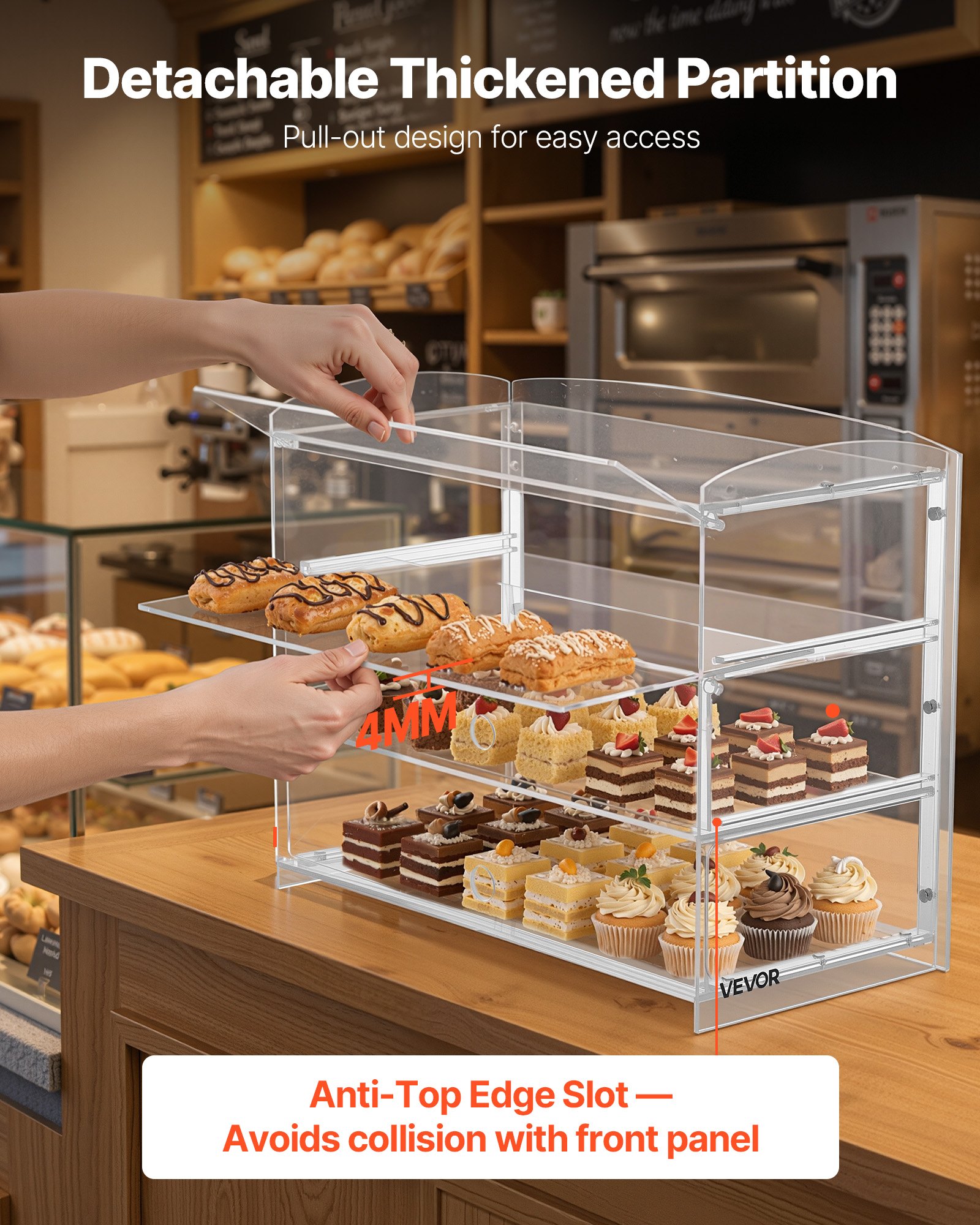 VEVOR Vitrina de Exhibición de Panadería 3 Niveles, Vitrina de Acrílica Transparente para Panadería 48,2 x 23,2 x 38 cm, con Puerta Abatible, Escaparate para Repostería, para Galletas, Postres, Donas