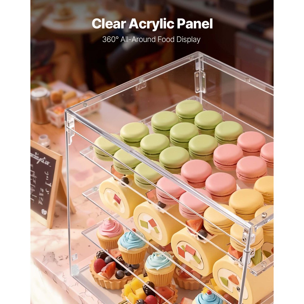 VEVOR Vitrina de Exhibición de Panadería 4 Niveles, Vitrina de Acrílica Transparente para Panadería 53 x 43,5 x 41,5 cm, con Puerta Trasera y Delantera, Escaparate para Galletas, Postres, Donas