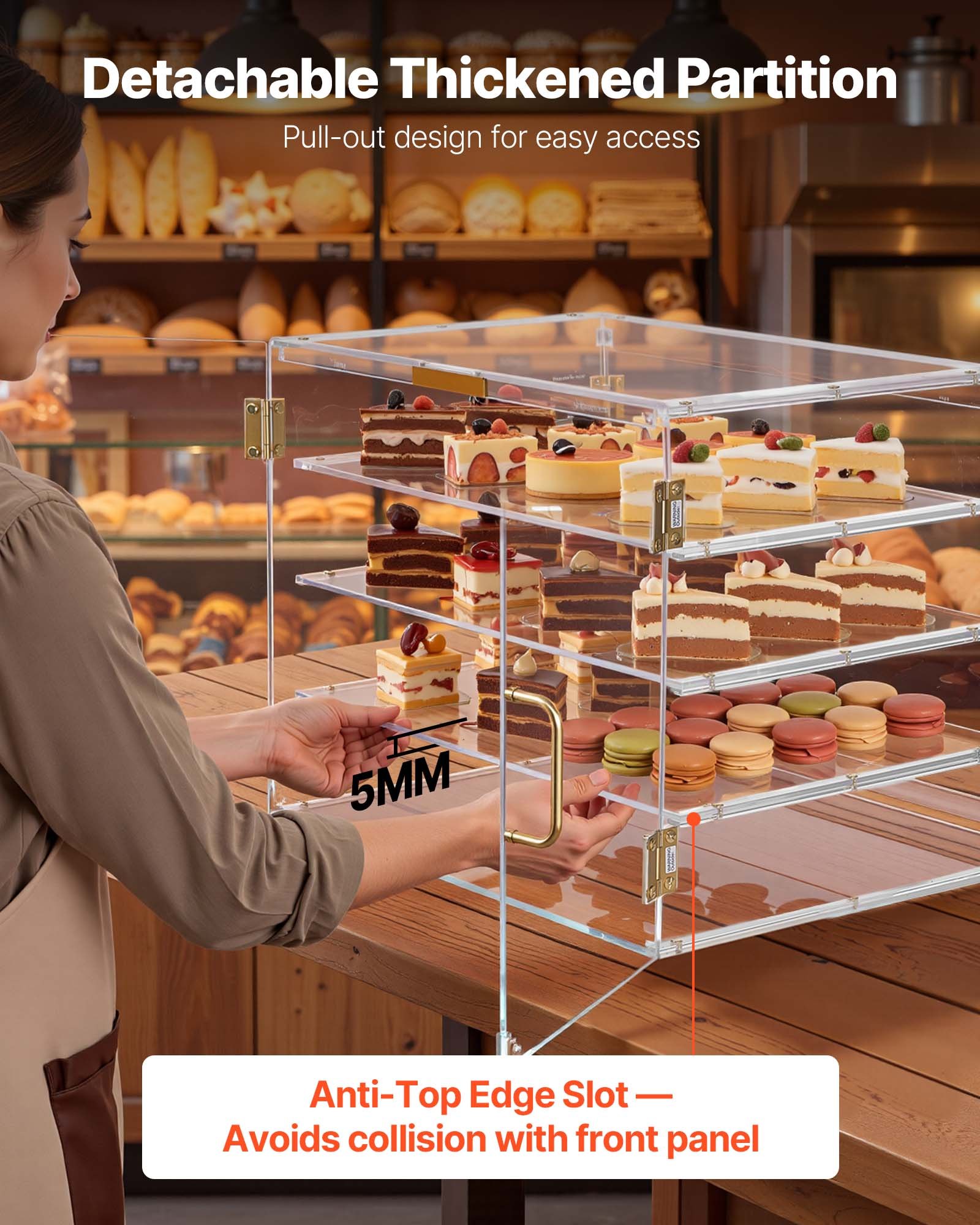 VEVOR Vitrina de Exhibición de Panadería 4 Niveles, Vitrina de Acrílica Transparente para Panadería 53 x 43,5 x 41,5 cm, con Puerta Trasera y Delantera, Escaparate para Galletas, Postres, Donas