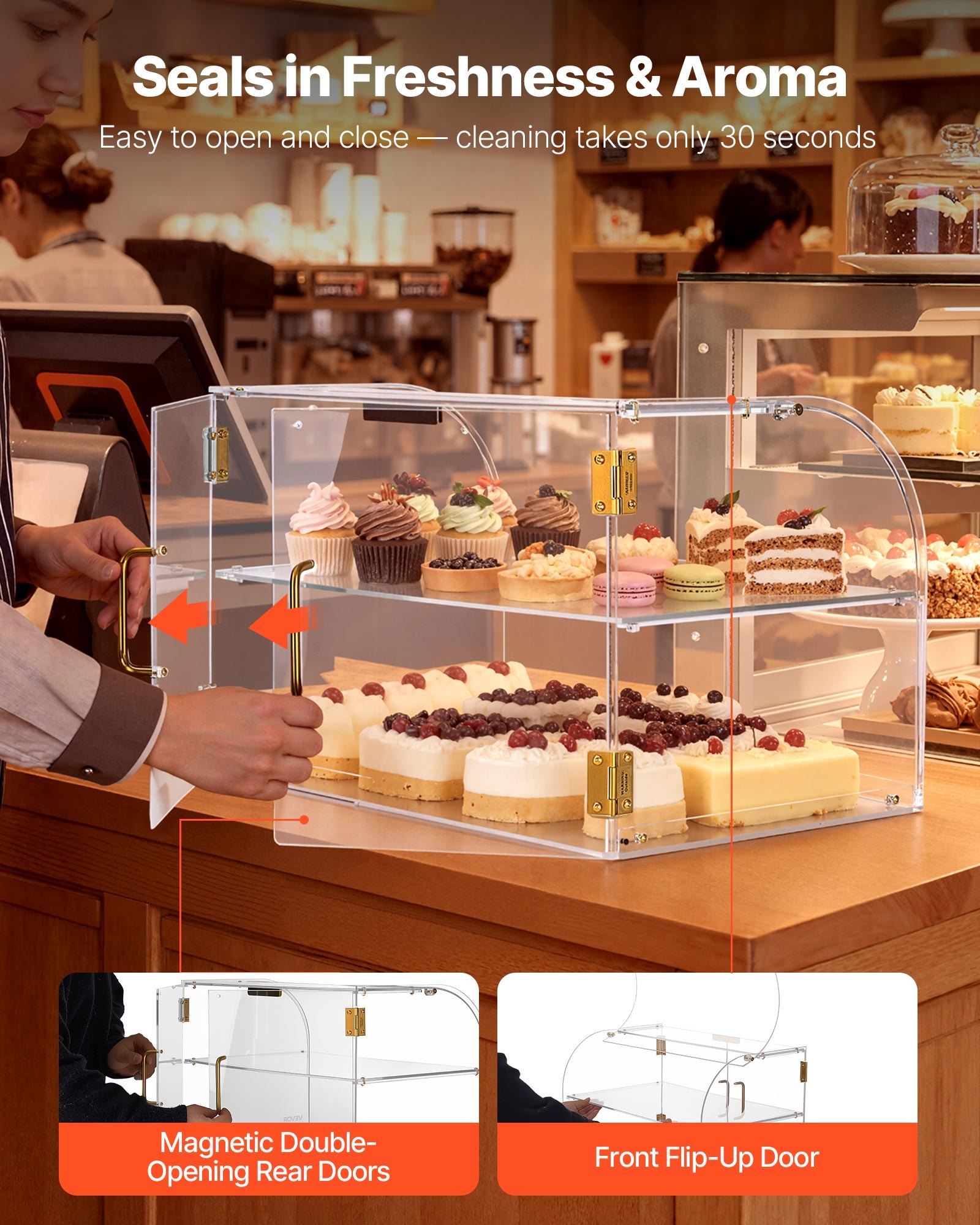 VEVOR Vitrina de Exhibición de Panadería 2 Niveles, Vitrina de Acrílica Transparente para Panadería 55,8 x 35,5 x 35,5 cm, con Puerta Trasera y Delantera, Escaparate para Galletas, Postres, Donas