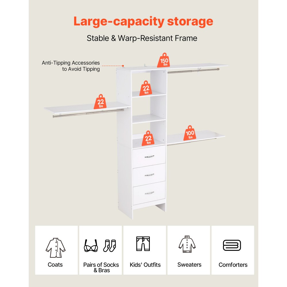 VEVOR Closet System with 3 Drawers, Adjustable Height Wooden Closet Organizers, Modern Walk-in Wardrobe Organization with 3 Retractable Clothes Hanger Rods, Freestanding Garment Rack Storage, White