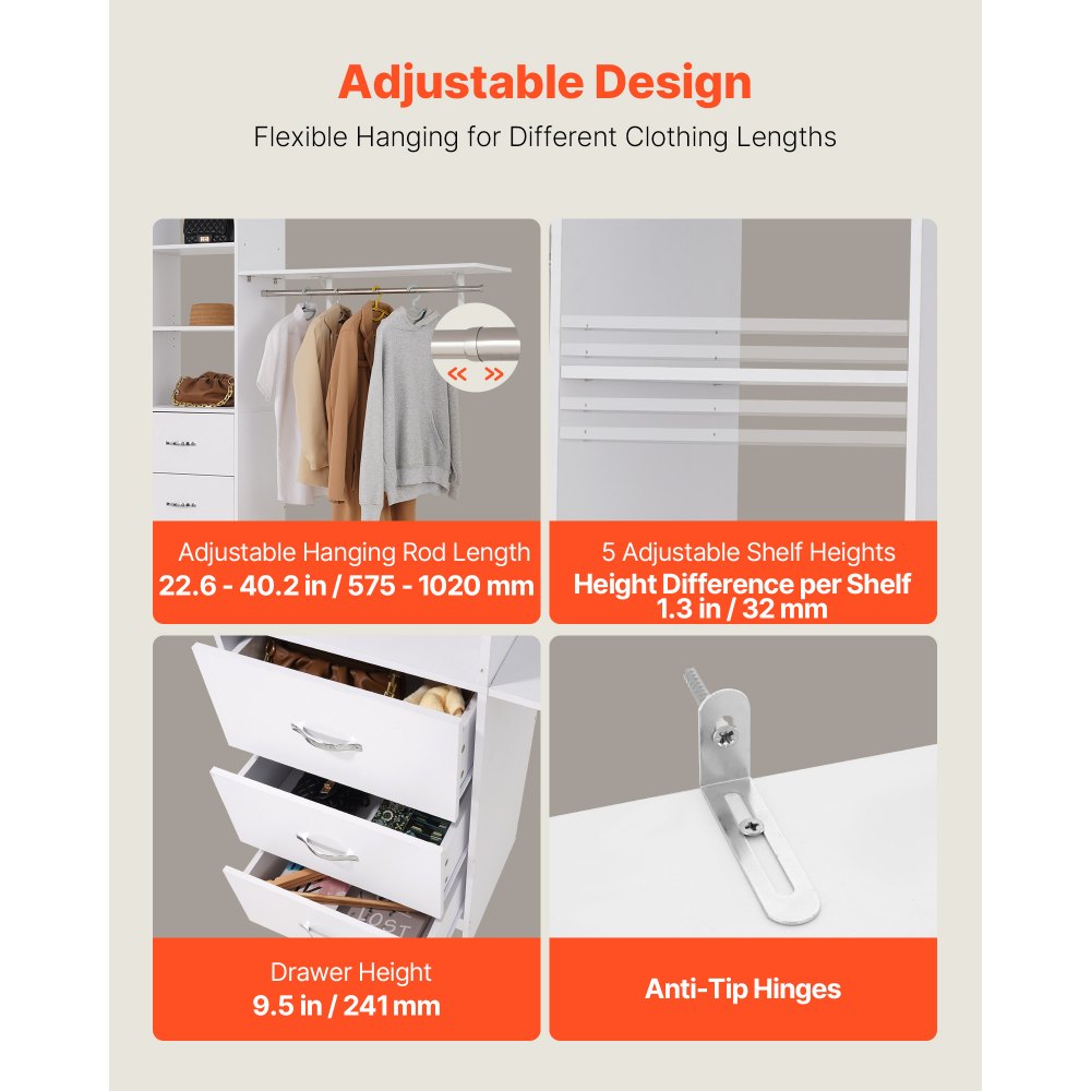 VEVOR Closet System with 3 Drawers, Adjustable Height Wooden Closet Organizers, Modern Walk-in Wardrobe Organization with 3 Retractable Clothes Hanger Rods, Freestanding Garment Rack Storage, White