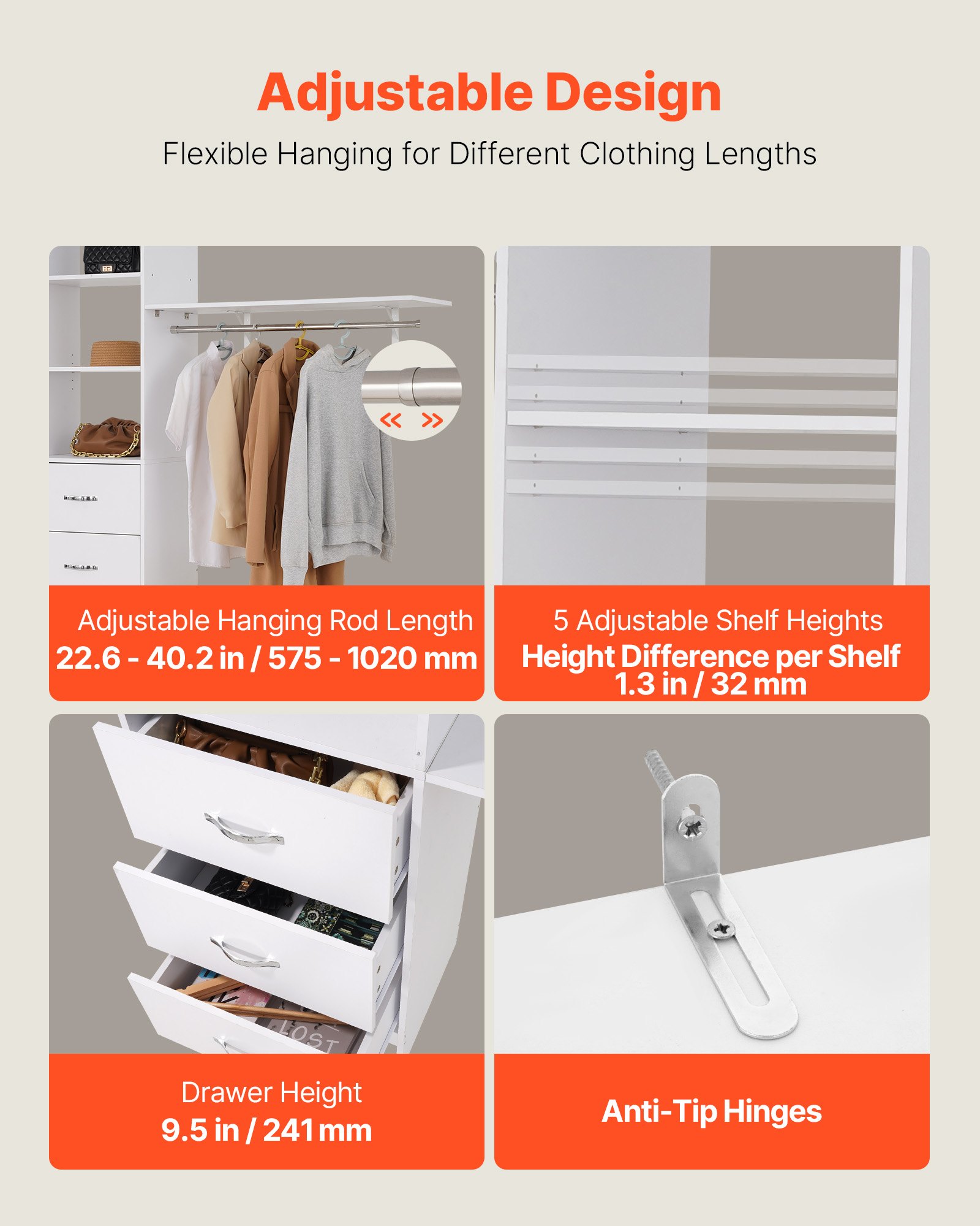 VEVOR Closet System with 3 Drawers, Adjustable Height Wooden Closet Organizers, Modern Walk-in Wardrobe Organization with 3 Retractable Clothes Hanger Rods, Freestanding Garment Rack Storage, White