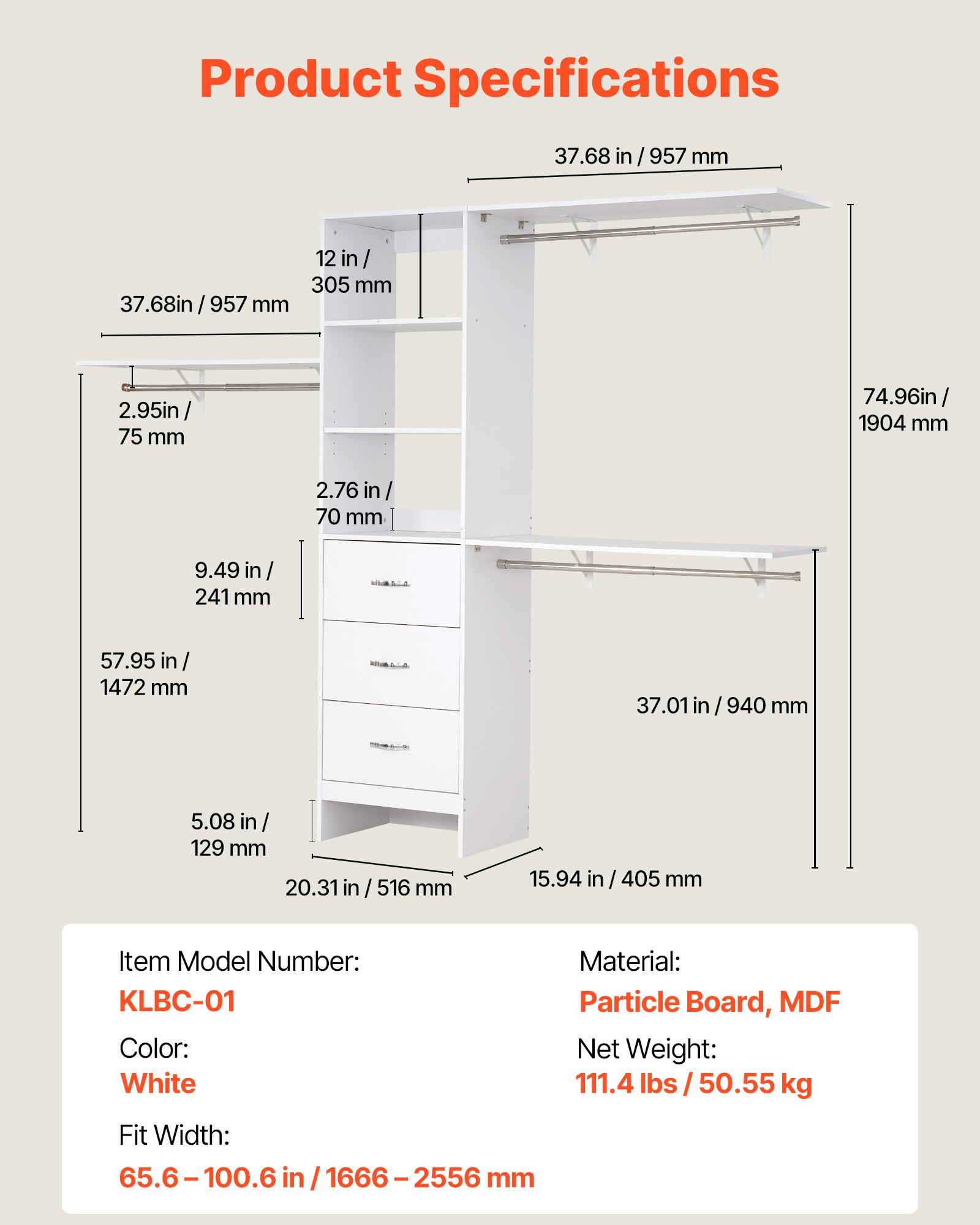 VEVOR Perchero de 3 Cajones, Perchero Ajustable de Madera, Organizador de Armario con 3 Barras Extensibles 575-1020 mm, Sistema de Armario para Vestidores, 2430 x 405 x 1904 mm, Carga 362,7 kg