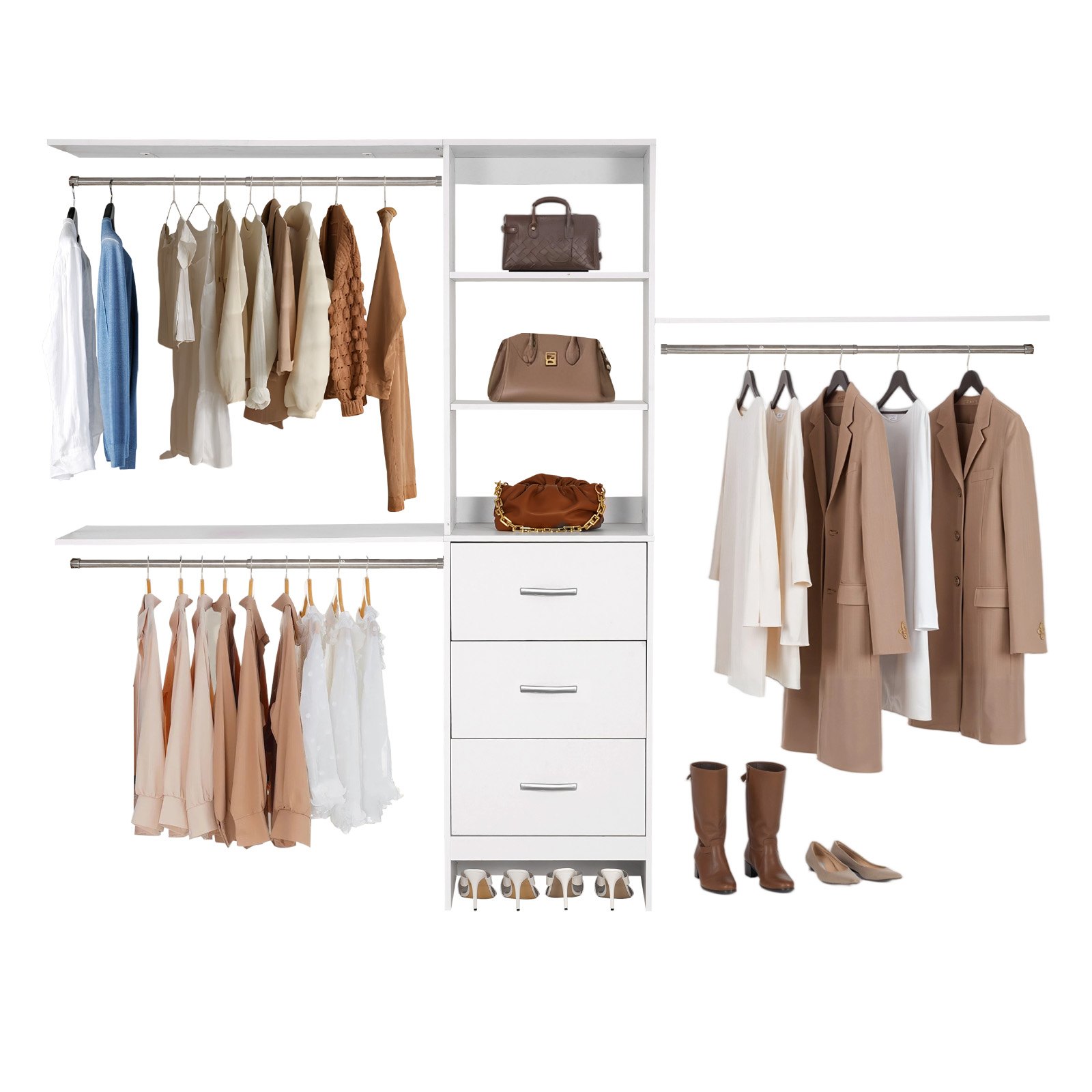 VEVOR Perchero de 3 Cajones, Perchero Ajustable de Madera, Organizador de Armario con 3 Barras Extensibles 575-1020 mm, Sistema de Armario para Vestidores, 2430 x 405 x 1904 mm, Carga 362,7 kg
