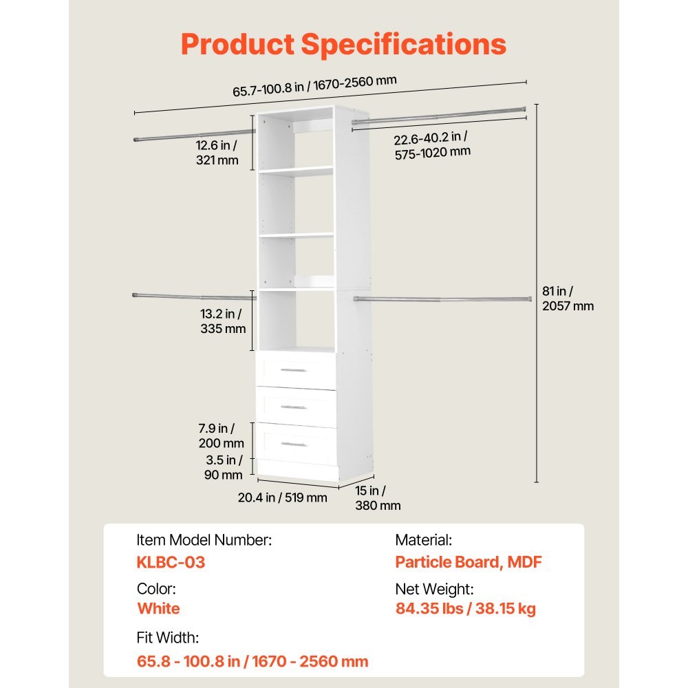 VEVOR Perchero Ajustable de Madera de 3 Cajones, Organizador de Armario con 4 Barras Extensibles 575-1020 mm, Sistema de Armario para Vestidores, Carga 362,7 kg, 1670–2560 x 379 x 2057 mm, Blanco
