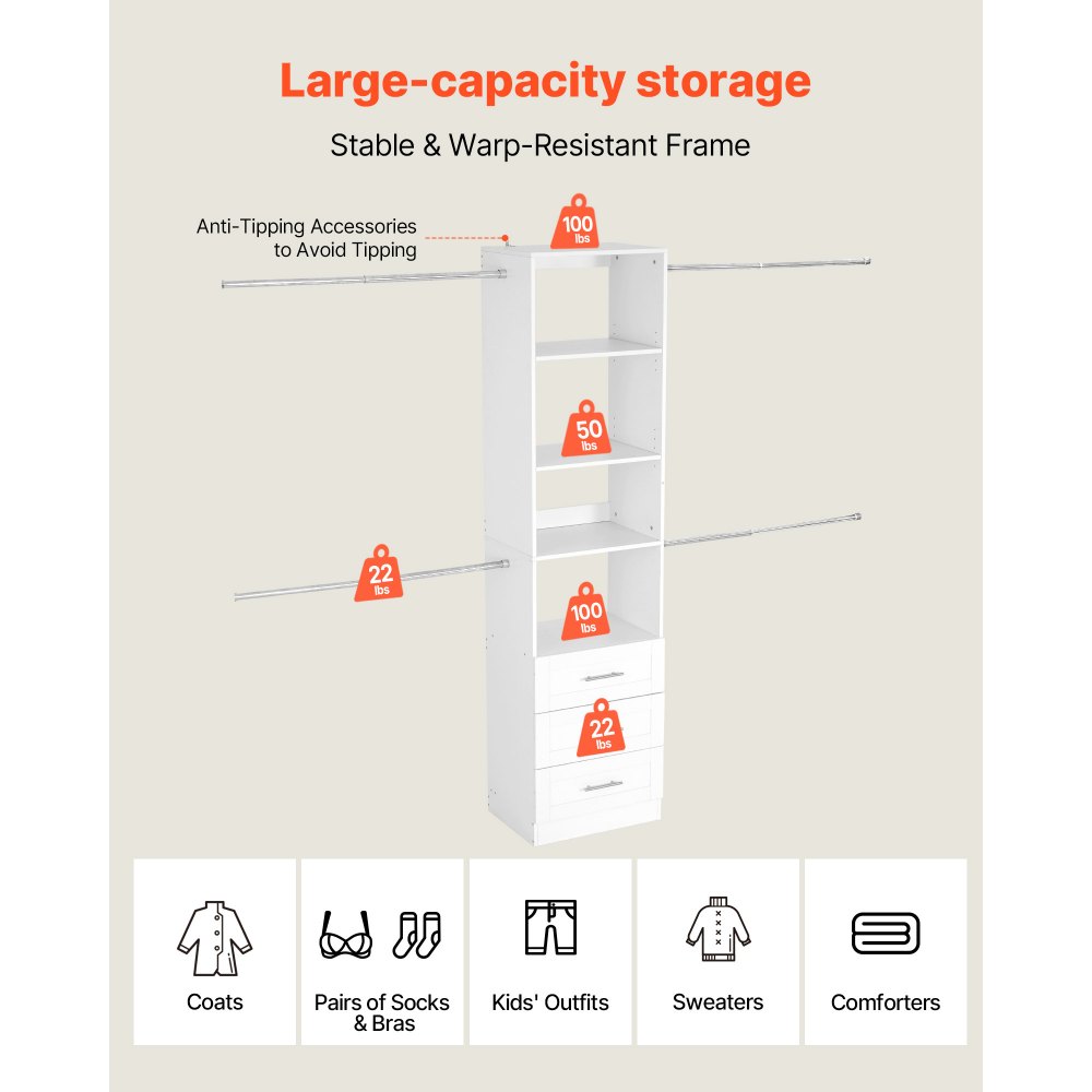 VEVOR Perchero Ajustable de Madera de 3 Cajones, Organizador de Armario con 4 Barras Extensibles 575-1020 mm, Sistema de Armario para Vestidores, Carga 362,7 kg, 1670–2560 x 379 x 2057 mm, Blanco