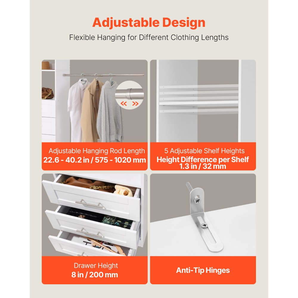 VEVOR Perchero Ajustable de Madera de 3 Cajones, Organizador de Armario con 4 Barras Extensibles 575-1020 mm, Sistema de Armario para Vestidores, Carga 362,7 kg, 1670–2560 x 379 x 2057 mm, Blanco