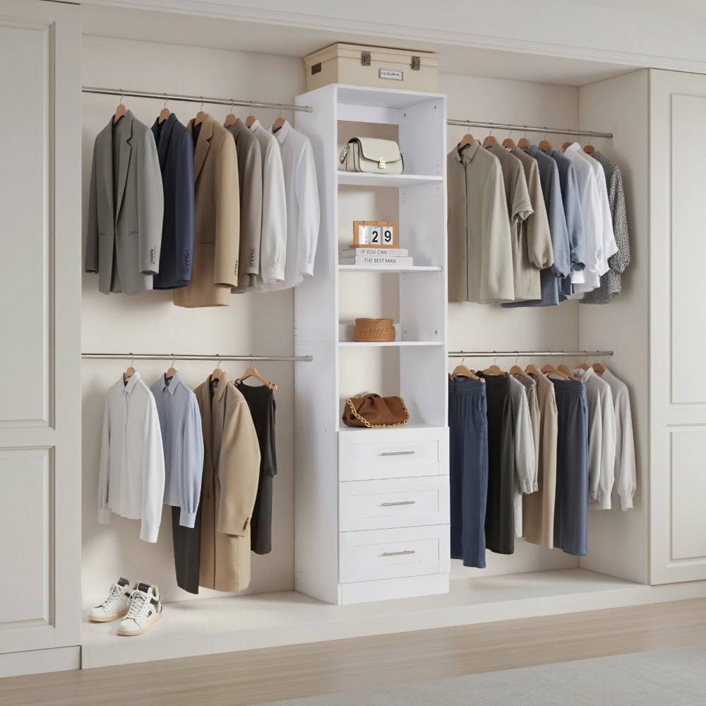 VEVOR Perchero Ajustable de Madera de 3 Cajones, Organizador de Armario con 4 Barras Extensibles 575-1020 mm, Sistema de Armario para Vestidores, Carga 362,7 kg, 1670–2560 x 379 x 2057 mm, Blanco