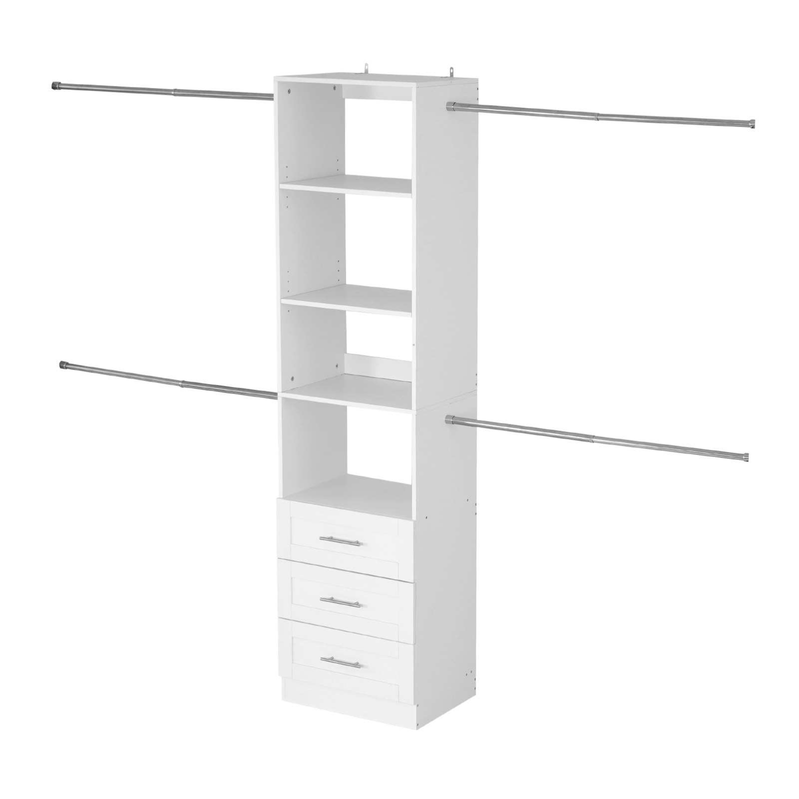 VEVOR Perchero Ajustable de Madera de 3 Cajones, Organizador de Armario con 4 Barras Extensibles 575-1020 mm, Sistema de Armario para Vestidores, Carga 362,7 kg, 1670–2560 x 379 x 2057 mm, Blanco